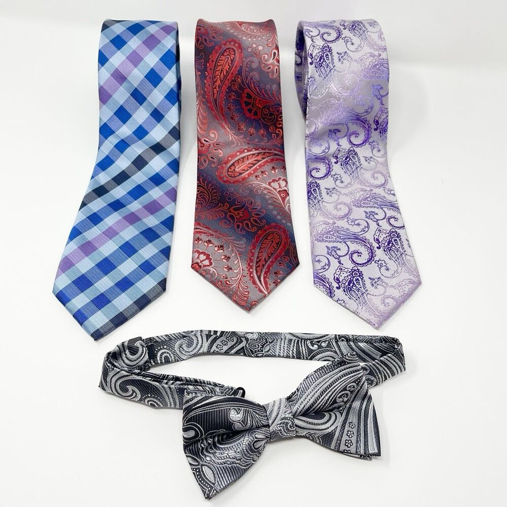 John Sparks Mens Bundle 3 Ties 1 Bow Tie Purple Red Gray Black